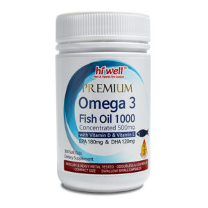 Hi Well Premium Omega 3 Fish Oil 1000 Concentrated 500mg with Vitamin D, Vitamin E, Odourless 300 soft gel is very high potency Fish Oil sourced from deep sea wild fish. It contains concentrated Omega 3 containing essential fatty acids, EPA 180 and DHA 120 per capsules. It helps improvement of neutral lipid and blood circulation in the blood as well as memory power. It can be helpful to eye health by improving dry eyes. Made in New Zealand from local and imported ingredients.